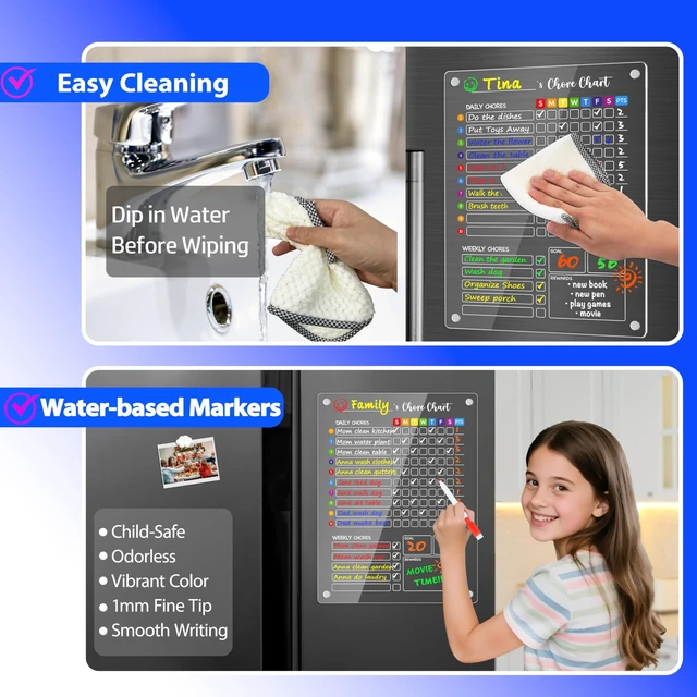 Alt view image 3 of 7 - Acrylic Magnetic Chore Chart for Kids, Large 12x16 Inch, 2 Pack Clear Dry Erase Fridge Chore and Reward Board for Multiple Kids and Teens; Embedded Magnets; 12 Wet-Erase Markers and Towel