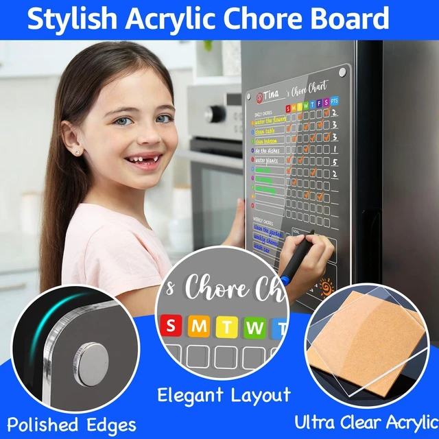 Alt view image 2 of 7 - Acrylic Magnetic Chore Chart for Kids, Large 12x16 Inch, 2 Pack Clear Dry Erase Fridge Chore and Reward Board for Multiple Kids and Teens; Embedded Magnets; 12 Wet-Erase Markers and Towel