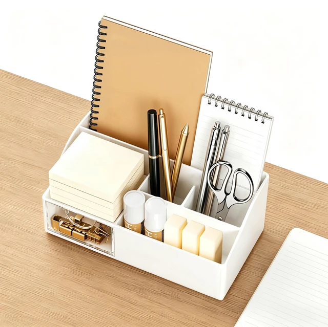 Alt view image 5 of 7 - Acrylic Desk Organizer with Drawer, Pen & Pencil Holder, Multifunctional Desktop Caddy for Office Supply and Organization (White, 2 Pack)