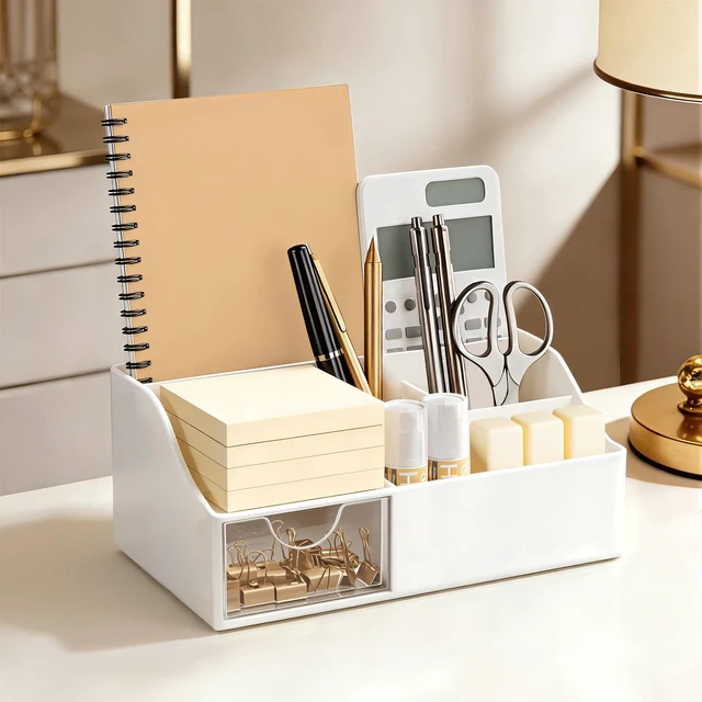 Alt view image 6 of 7 - Acrylic Desk Organizer with Drawer, Pen & Pencil Holder, Multifunctional Desktop Caddy for Office Supply and Organization (White, 2 Pack)