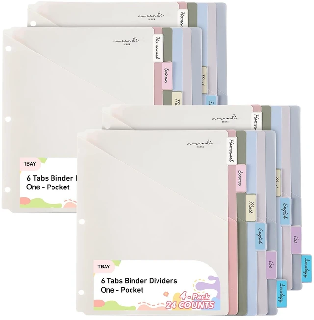 Main image of 6-Tab Dividers for 3 Ring Binder, 24 Counts Binder Dividers Index with One Pocket, Letter Size 8.5 x 11'', Morandi Colors (4)