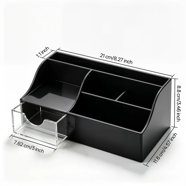 Alt view image 2 of 7 - Acrylic Desk Organizer with Drawer, Pen & Pencil Holder, Multifunctional Desktop Caddy for Office Supply and Organization (Black)