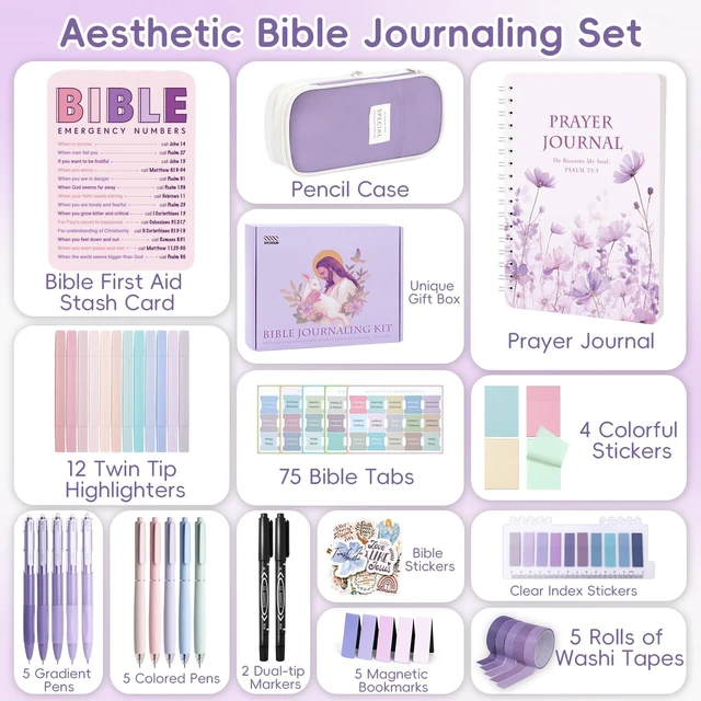 Alt view image 7 of 7 - 50 Bible Study Supplies Journaling Kit with Journal and Case, Purple Bible Study Journaling Kit for Women, Deluxe Gift Box with Bible Accessories Helps Highlight Verses, Organize Notes