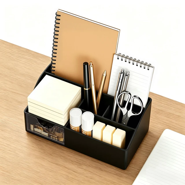 Alt view image 5 of 7 - Acrylic Desk Organizer with Drawer, Pen & Pencil Holder, Multifunctional Desktop Caddy for Office Supply and Organization (Black)