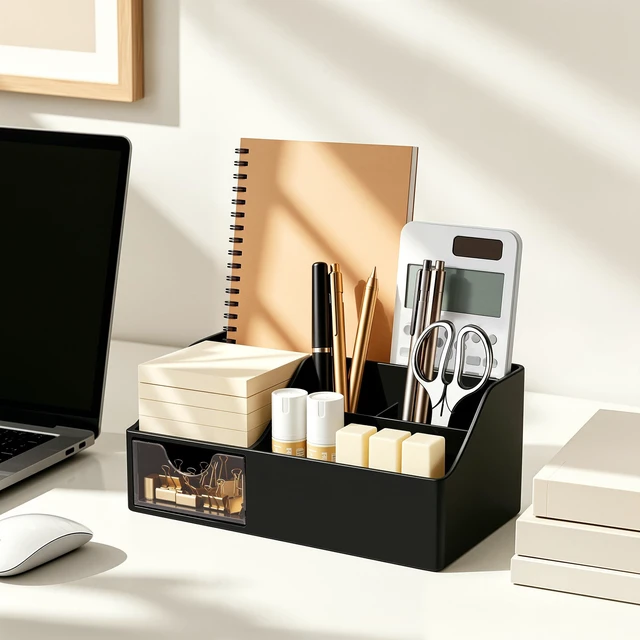 Alt view image 4 of 7 - Acrylic Desk Organizer with Drawer, Pen & Pencil Holder, Multifunctional Desktop Caddy for Office Supply and Organization (Black)