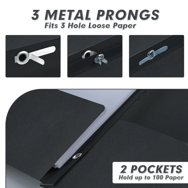Alt view image 3 of 7 - 30 Pack Two Pocket Paper Folders with Prongs, Letter Size (Black) 3 Prong Folders with Pockets, Paper, 3 Hole Punched, For School, Office, Home, Business