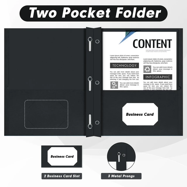Alt view image 5 of 7 - 30 Pack Two Pocket Paper Folders with Prongs, Letter Size (Black) 3 Prong Folders with Pockets, Paper, 3 Hole Punched, For School, Office, Home, Business