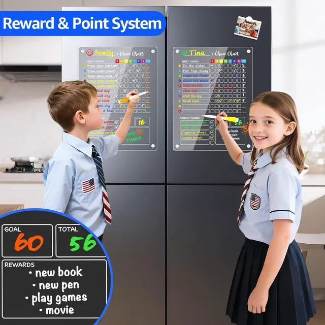 Alt view image 5 of 7 - Acrylic Magnetic Chore Chart for Kids, Large 12x16 Inch, 2 Pack Clear Dry Erase Fridge Chore and Reward Board for Multiple Kids and Teens; Embedded Magnets; 12 Wet-Erase Markers and Towel