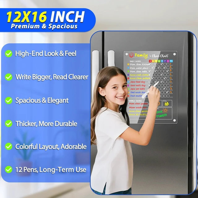 Alt view image 7 of 7 - Acrylic Magnetic Chore Chart for Kids, Large 12x16 Inch, 2 Pack Clear Dry Erase Fridge Chore and Reward Board for Multiple Kids and Teens; Embedded Magnets; 12 Wet-Erase Markers and Towel