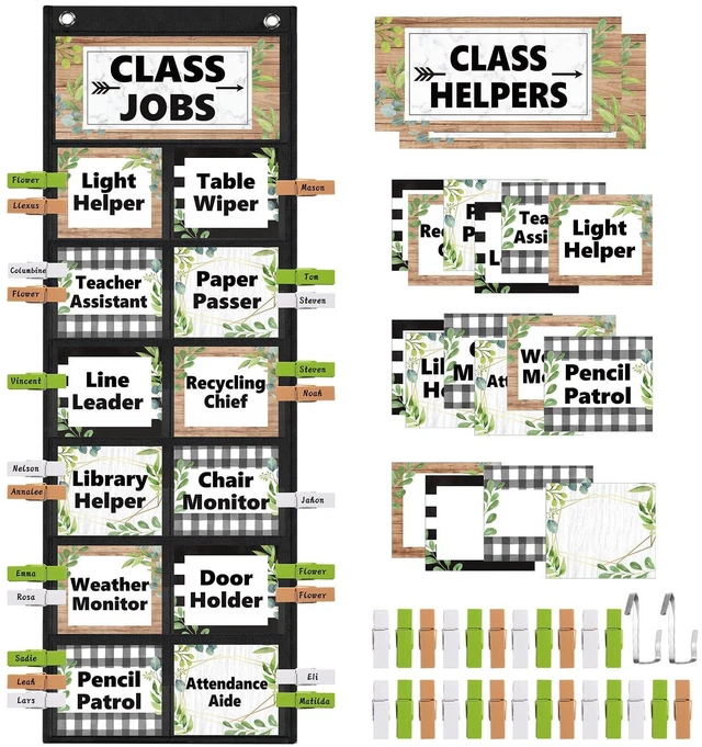 Main image of Plant Class Jobs Pocket Chart Class Helpers Pocket Chart Greenery Classroom Jobs Cards with Clips and Hooks Teacher's Helper Bulletin Board Set, for Back to School Classroom Teacher Supplies