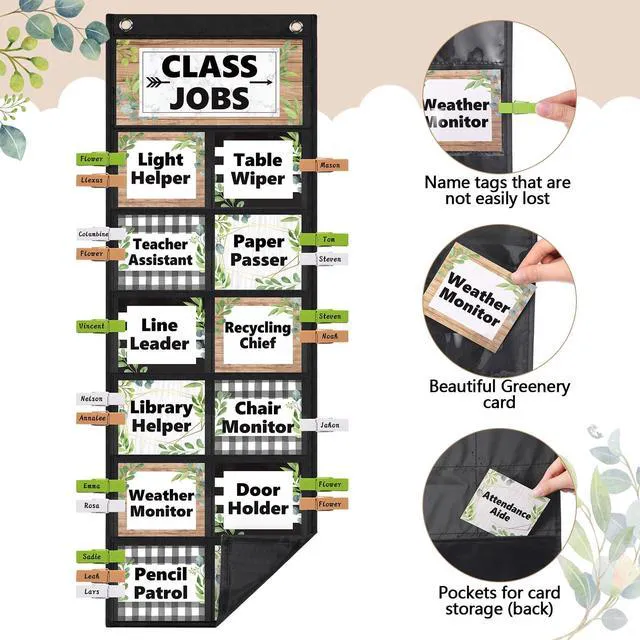 Alt view image 3 of 7 - Plant Class Jobs Pocket Chart Class Helpers Pocket Chart Greenery Classroom Jobs Cards with Clips and Hooks Teacher's Helper Bulletin Board Set, for Back to School Classroom Teacher Supplies