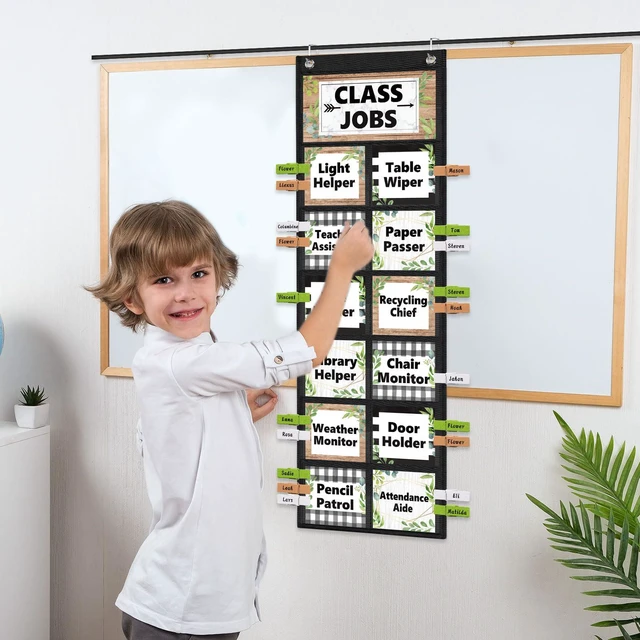 Alt view image 6 of 7 - Plant Class Jobs Pocket Chart Class Helpers Pocket Chart Greenery Classroom Jobs Cards with Clips and Hooks Teacher's Helper Bulletin Board Set, for Back to School Classroom Teacher Supplies