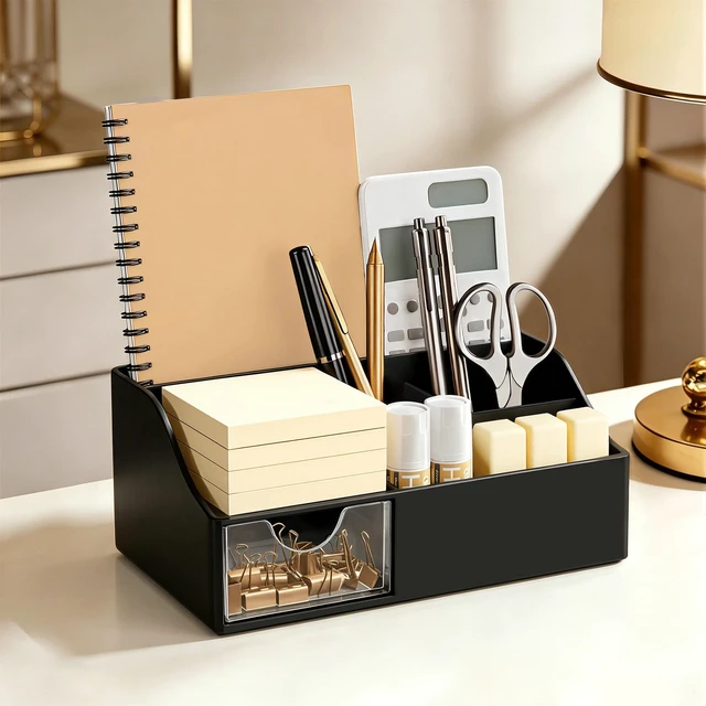 Alt view image 6 of 7 - Acrylic Desk Organizer with Drawer, Pen & Pencil Holder, Multifunctional Desktop Caddy for Office Supply and Organization (Black)