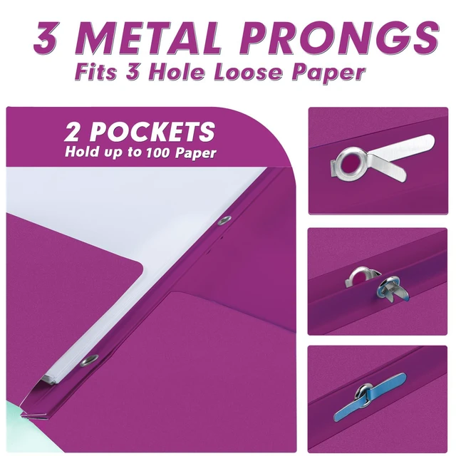 Alt view image 3 of 7 - 30 Pack Two Pocket Paper Folders with Prongs, Letter Size (Purple) 3 Prong Folders with Pockets, Paper, 3 Hole Punched, For School, Office, Home, Business
