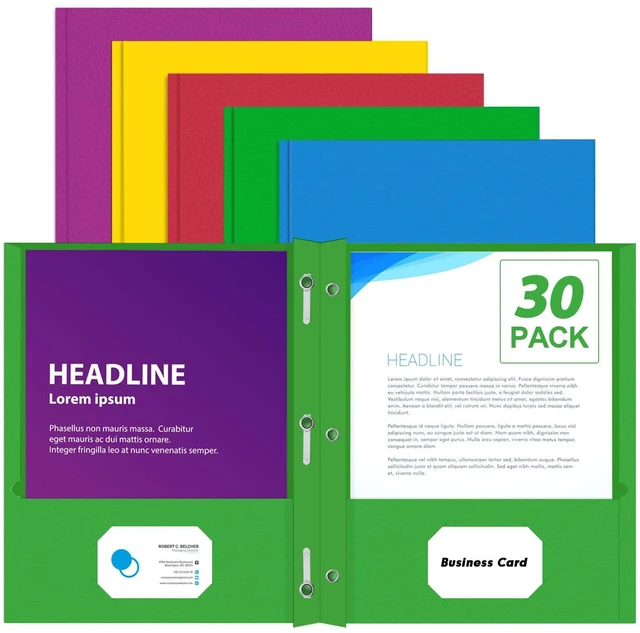 Main image of 30 Pack Two Pocket Paper Folders with Prongs, Letter Size (5 Colors) 3 Prong Folders with Pockets, Paper, 3 Hole Punched, For School, Office, Home, Business