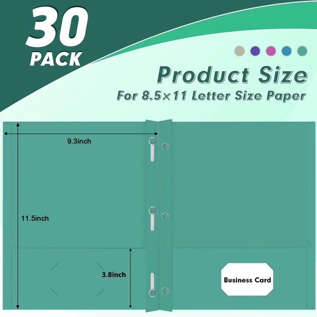 Alt view image 4 of 7 - 30 Pack Two Pocket Paper Folders with Prongs, Letter Size (5 Colors) 3 Prong Folders with Pockets, Paper, 3 Hole Punched, For School, Office, Home, Business