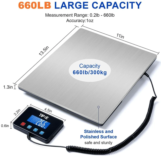 Alt view image 2 of 7 - Shipping Scale 660lbs for Packages,Heavy Duty Digital Postal Express Scale,1 oz High Accuracy with Charging Cable & Batteries,Extra Large Stainless Steel for Small Business,Warehouse,Home