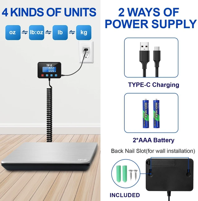 Alt view image 4 of 7 - Shipping Scale 660lbs for Packages,Heavy Duty Digital Postal Express Scale,1 oz High Accuracy with Charging Cable & Batteries,Extra Large Stainless Steel for Small Business,Warehouse,Home