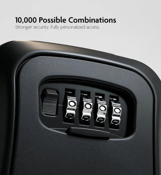 Alt view image 2 of 7 - ® Medium Wall Mount Combination Key Lock Box, Outdoor (Black) Screw-in wall mount (4 screws + 4 anchors) not magnetic, does not hang; weather-resistant zinc alloy, includes key hanger