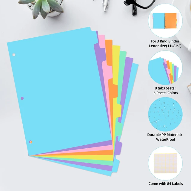 Alt view image 4 of 6 - 3 Ring Binder Dividers with TAB,48PCS/6 Set Plastic File Dividers,8 Tab 3 Hole Punch Dividers,Pastel Color,Letter Size,6 Sets