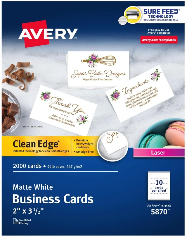 Main image of Clean Edge Printable Business Cards, Sure Feed Technology, 2" x 3.5", White, 2,000 Blank Cards for Laser Printers (5870)