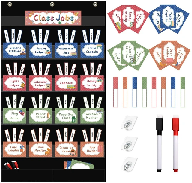Main image of Class Jobs Pocket Chart with 17 Pockets and 2 Storage Bags,73 Cards Class Management Educational Pocket Chart Teacher's Helper Size: 32.6" L x 19.6 H Bulletin Board for Classroom (Black)