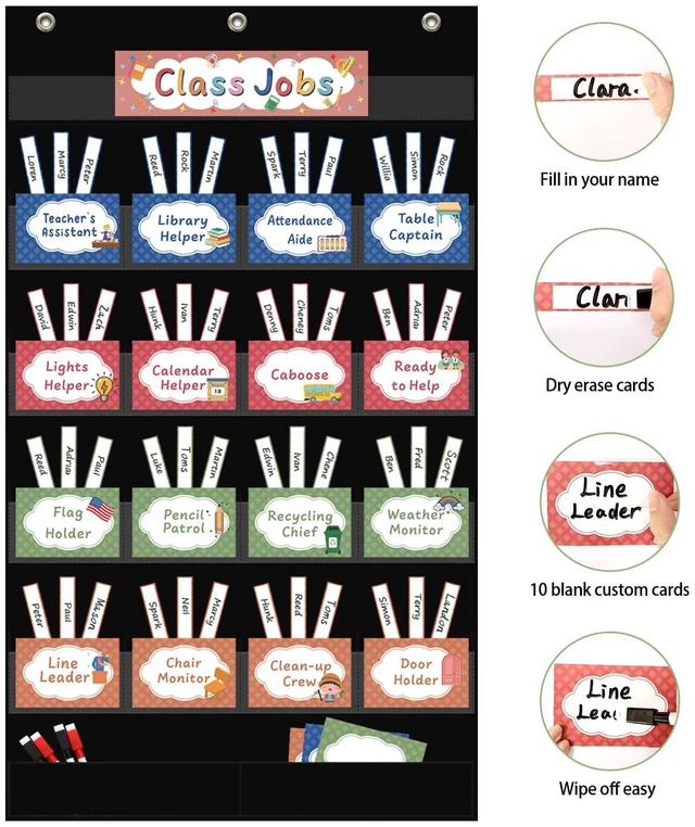 Alt view image 3 of 7 - Class Jobs Pocket Chart with 17 Pockets and 2 Storage Bags,73 Cards Class Management Educational Pocket Chart Teacher's Helper Size: 32.6" L x 19.6 H Bulletin Board for Classroom (Black)
