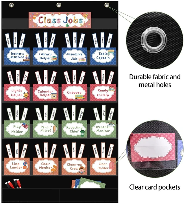 Alt view image 5 of 7 - Class Jobs Pocket Chart with 17 Pockets and 2 Storage Bags,73 Cards Class Management Educational Pocket Chart Teacher's Helper Size: 32.6" L x 19.6 H Bulletin Board for Classroom (Black)
