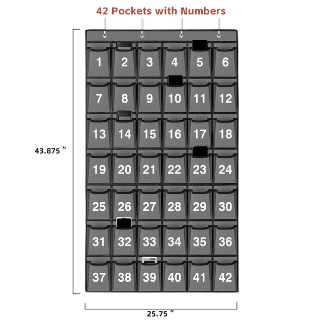 Alt view image 2 of 7 - 42 Pockets Numbered Classroom Pocket Chart for Cell Phones, Hanging Pocket Chart Storage for Classroom Phone Calculator Holder with 4 Hooks and 42 Clear Numbers Printing (Grey-42pockets)