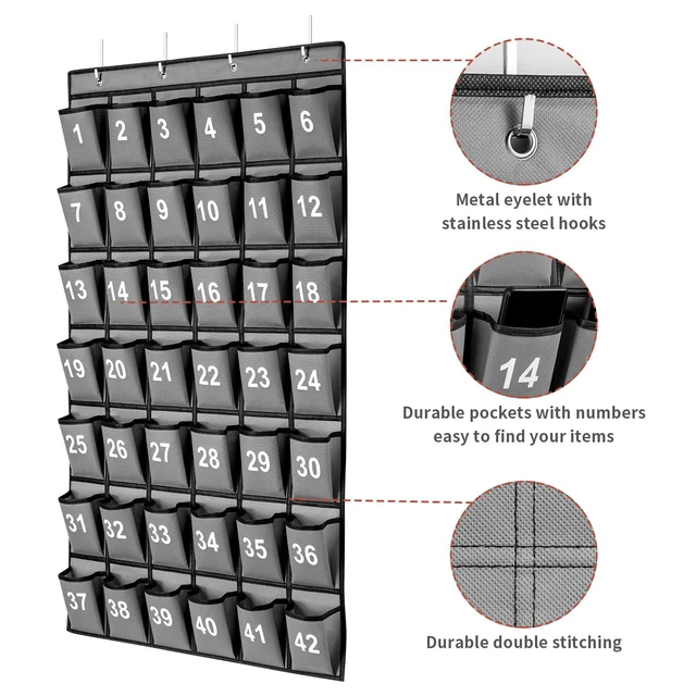 Alt view image 3 of 7 - 42 Pockets Numbered Classroom Pocket Chart for Cell Phones, Hanging Pocket Chart Storage for Classroom Phone Calculator Holder with 4 Hooks and 42 Clear Numbers Printing (Grey-42pockets)