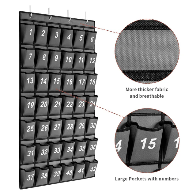 Alt view image 4 of 7 - 42 Pockets Numbered Classroom Pocket Chart for Cell Phones, Hanging Pocket Chart Storage for Classroom Phone Calculator Holder with 4 Hooks and 42 Clear Numbers Printing (Grey-42pockets)