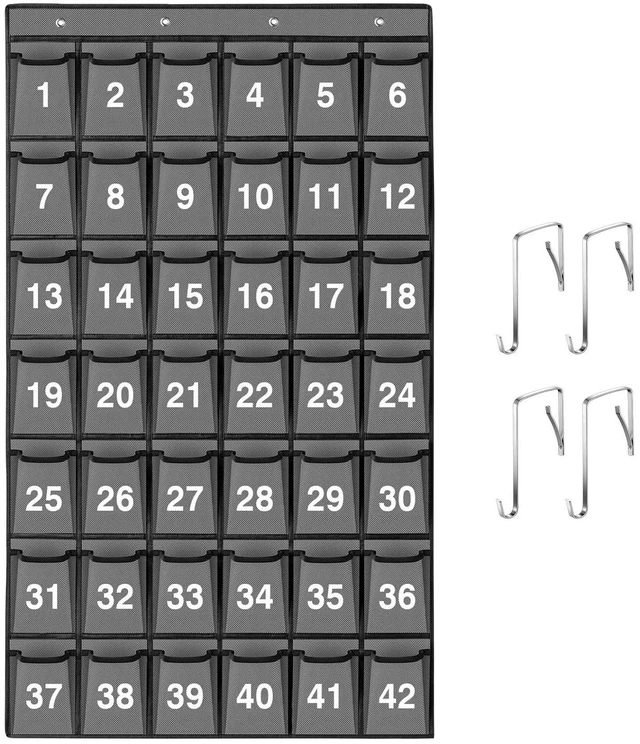 Main image of 42 Pockets Numbered Classroom Pocket Chart for Cell Phones, Hanging Pocket Chart Storage for Classroom Phone Calculator Holder with 4 Hooks and 42 Clear Numbers Printing (Grey-42pockets)