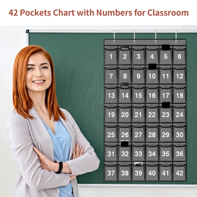 Alt view image 6 of 7 - 42 Pockets Numbered Classroom Pocket Chart for Cell Phones, Hanging Pocket Chart Storage for Classroom Phone Calculator Holder with 4 Hooks and 42 Clear Numbers Printing (Grey-42pockets)