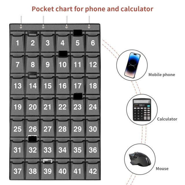Alt view image 7 of 7 - 42 Pockets Numbered Classroom Pocket Chart for Cell Phones, Hanging Pocket Chart Storage for Classroom Phone Calculator Holder with 4 Hooks and 42 Clear Numbers Printing (Grey-42pockets)