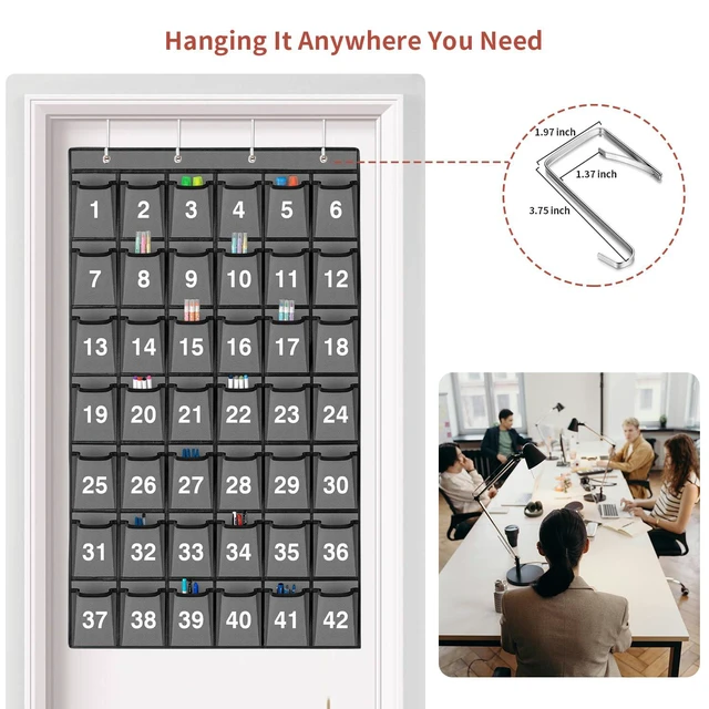 Alt view image 5 of 7 - 42 Pockets Numbered Classroom Pocket Chart for Cell Phones, Hanging Pocket Chart Storage for Classroom Phone Calculator Holder with 4 Hooks and 42 Clear Numbers Printing (Grey-42pockets)
