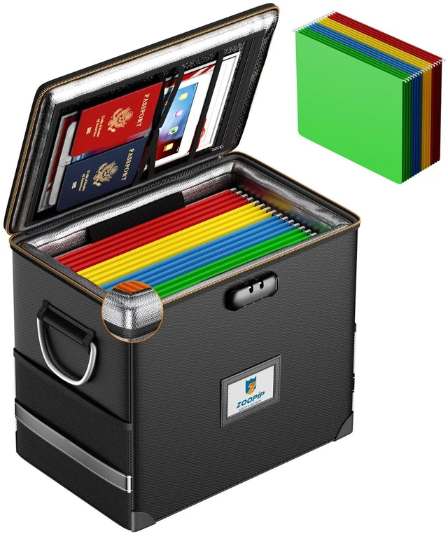 Main image of Fireproof File Organizer with Lock, Hard Safe Document Box, Black Includes 10 Hanging File Folders for Letter Size, Filing Cabinet with Fireproof Zippers & Threads, 0.58 Cubic Feet