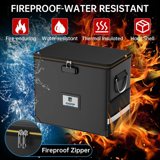 Alt view image 2 of 7 - Fireproof File Organizer with Lock, Hard Safe Document Box, Black Includes 10 Hanging File Folders for Letter Size, Filing Cabinet with Fireproof Zippers & Threads, 0.58 Cubic Feet