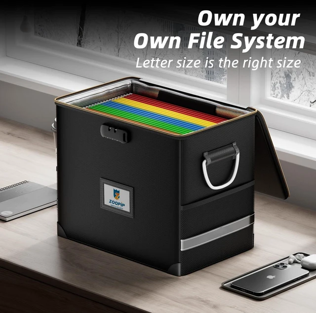 Alt view image 5 of 7 - Fireproof File Organizer with Lock, Hard Safe Document Box, Black Includes 10 Hanging File Folders for Letter Size, Filing Cabinet with Fireproof Zippers & Threads, 0.58 Cubic Feet