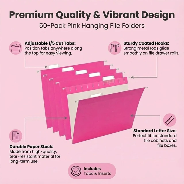 Alt view image 2 of 7 - 50 Pack Hanging File Folders,Letter Size File Folder,Pink Hanging Folders for Filing Cabinet,Reinforced Rods for Smooth Gliding,Includes 1/5 Adjustable Tabs & Inserts,Ideal for Home & Office