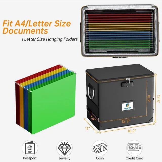 Alt view image 6 of 7 - Fireproof File Organizer with Lock, Hard Safe Document Box, Black Includes 10 Hanging File Folders for Letter Size, Filing Cabinet with Fireproof Zippers & Threads, 0.58 Cubic Feet