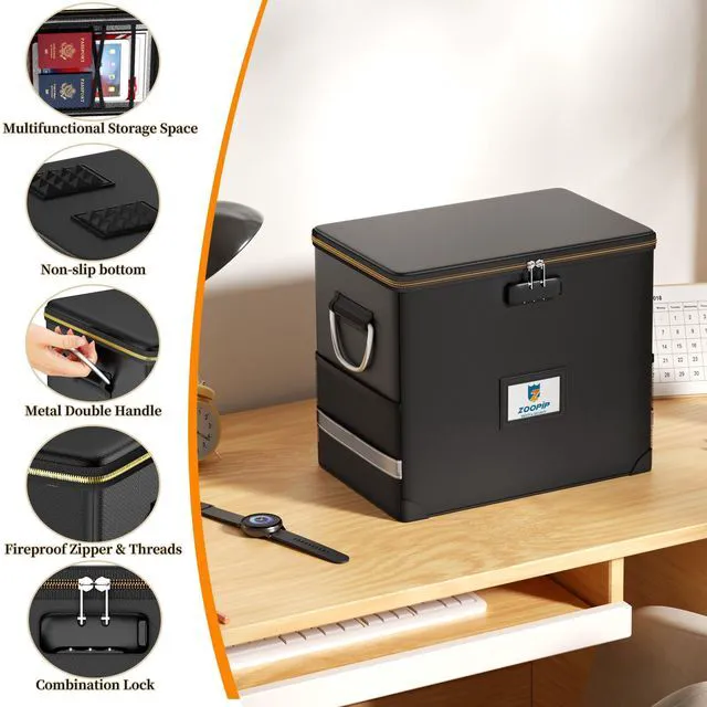 Alt view image 7 of 7 - Fireproof File Organizer with Lock, Hard Safe Document Box, Black Includes 10 Hanging File Folders for Letter Size, Filing Cabinet with Fireproof Zippers & Threads, 0.58 Cubic Feet