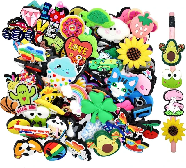 Main image of YEALQU 200PCS Random Different Pencil Topper Decoations Cute PVC Pencil Toppes Lovely Black Clip for Pupil/Junior Students Gifts Awards