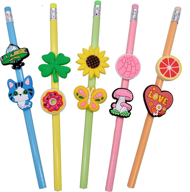 Alt view image 2 of 7 - YEALQU 200PCS Random Different Pencil Topper Decoations Cute PVC Pencil Toppes Lovely Black Clip for Pupil/Junior Students Gifts Awards