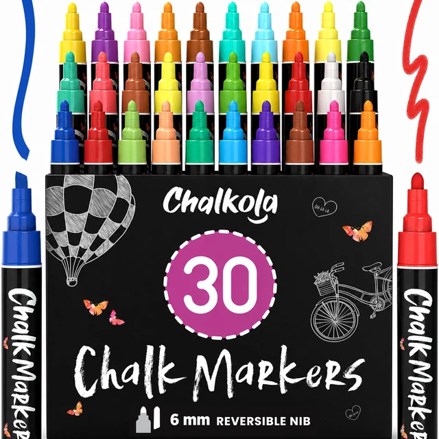 Main image of Erasable Liquid Chalk Markers (30 Pack 6mm) - Car Window Markers Pastel + Neon Chalk Pens, Wet Wipe Washable Paint for Chalkboard Sign, Blackboards, Glass, Board, Mirror - 6mm Reversible Tip