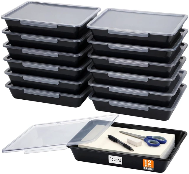 Main image of 12 Pcs Classroom Paper Storage Bins with Clear Latching Lids Labels, Letter Size Stackable Flat Trays Container Paper Organizer for Teacher Back to School Office Arts Crafts (Black,13x10in)