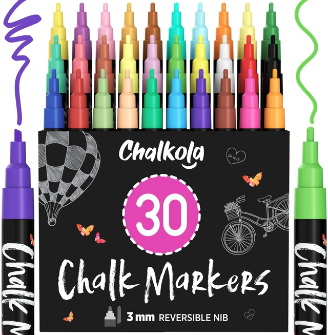 Main image of 30 Chalk Markers Fine Tip (Neon & Pastel) Liquid Chalk Pens for Blackboard Dry Erase Chalk Marker Pens for Signs, Car Windows, Bistro - Erasable Chalkboard Paint Markers, 3mm Reversible Tip