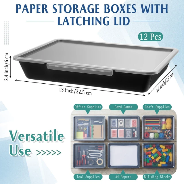 Alt view image 2 of 6 - 12 Pcs Classroom Paper Storage Bins with Clear Latching Lids Labels, Letter Size Stackable Flat Trays Container Paper Organizer for Teacher Back to School Office Arts Crafts (Black,13x10in)