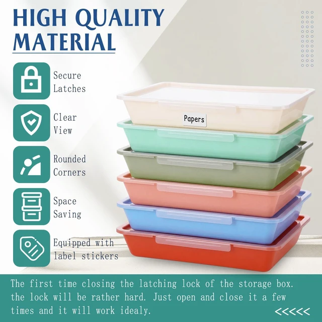 Alt view image 3 of 6 - 12 Pcs Classroom Paper Storage Bins with Clear Latching Lid, Label Stackable Letter Size Flat Tray Container for Teacher Back to School Supplies Home Office Desk Arts Crafts (Boho,13x10in)