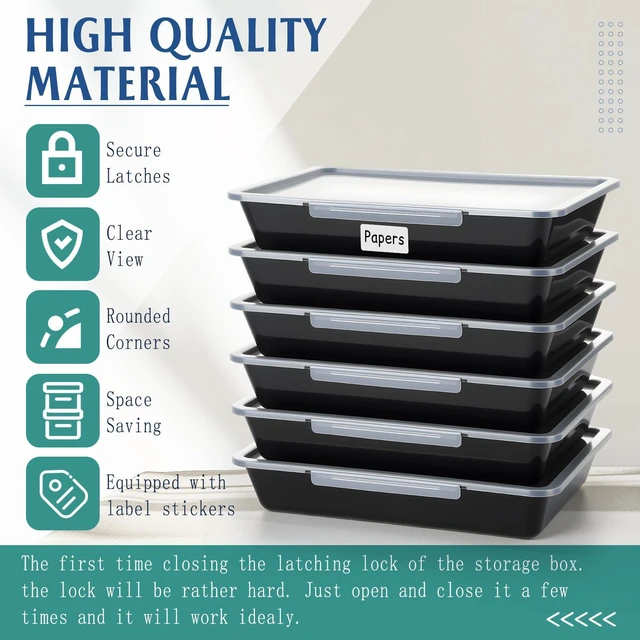 Alt view image 3 of 6 - 12 Pcs Classroom Paper Storage Bins with Clear Latching Lids Labels, Letter Size Stackable Flat Trays Container Paper Organizer for Teacher Back to School Office Arts Crafts (Black,13x10in)