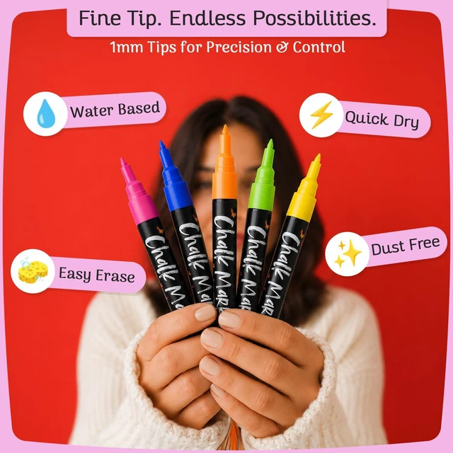 Alt view image 2 of 7 - 30 Extra Fine Tip Liquid Chalk Markers for Blackboard, Chalkboard, Window 1mm, Pastel + Neon Chalk Pens, Erasable Dry Erase Marker for Car Windows, Bistro, Wedding Sign - Fine Tip Chalkboard Markers